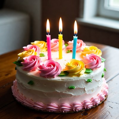 Colorful birthday cake with candles and flowers