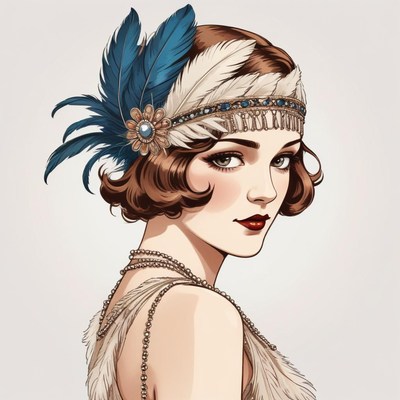 Elegant woman in vintage attire with feathers and pearls