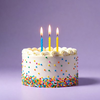 Colorful birthday cake with candles and sprinkles