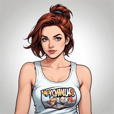 Character in a graphic tee with a playful expression