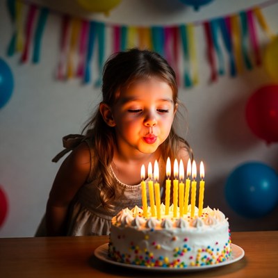 Birthday girl blows out candles on colorful cake