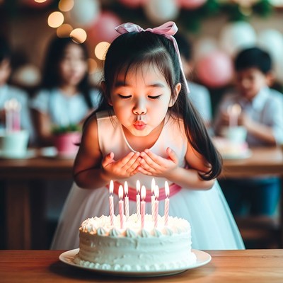Birthday celebration with a young girl blowing out candles