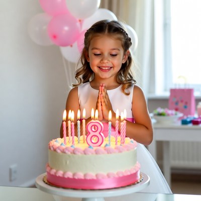 Girl celebrates her 8th birthday with a cake and candles