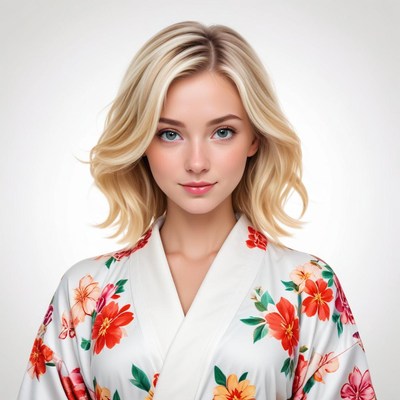 Elegant woman in floral robe with soft features