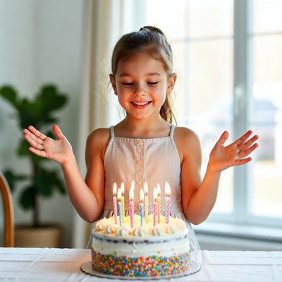 Happy girl celebrating birthday with cake and candles