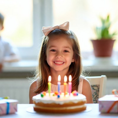 Child celebrates birthday with cake and candles