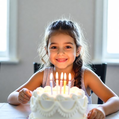 Girl celebrates her birthday with a cake and candles