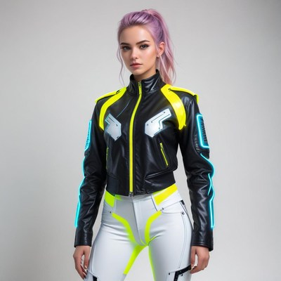 Model poses in futuristic outfit with neon accents