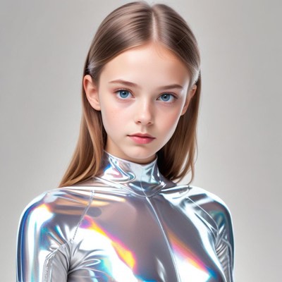 Model in shiny silver outfit poses against light background