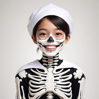 Smiling child wears skeleton costume for celebration
