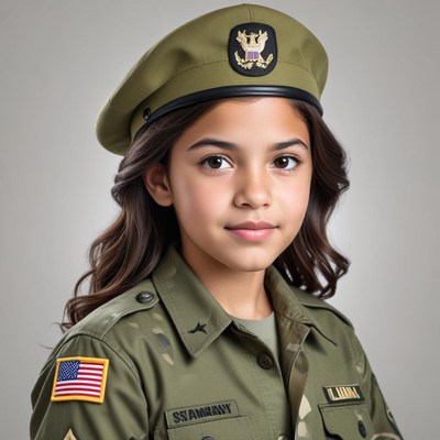 Girl in military uniform with a beret posing confidently