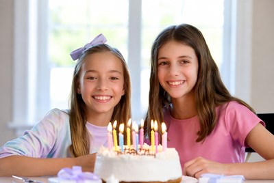 Birthday celebration with two girls smiling by a cake