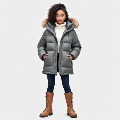 Stylish winter outfit with coat and boots on model