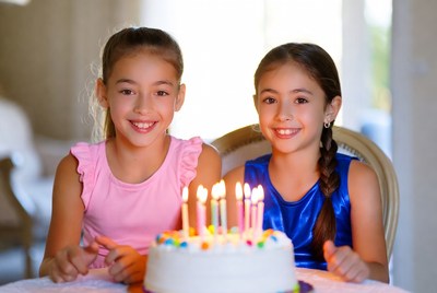 Two friends celebrate birthday with cake and candles