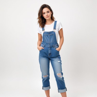 Young woman in denim overalls on white backdrop