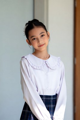 Young girl wearing uniform in a modern indoor setting