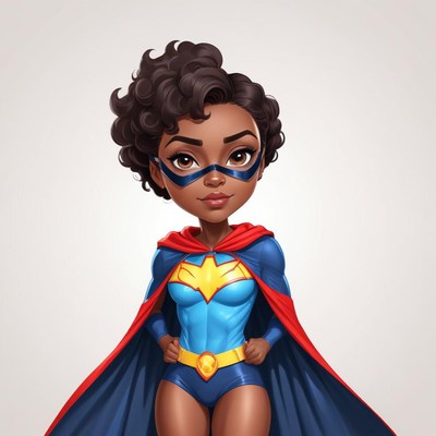 Small superhero standing confidently with curly hair