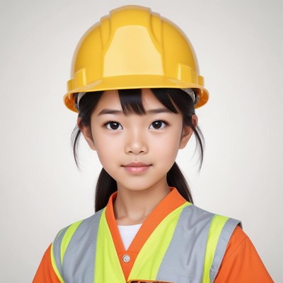 Young girl in safety gear ready for construction site work