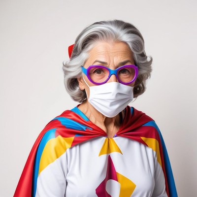 Senior woman dressed as a superhero with a mask