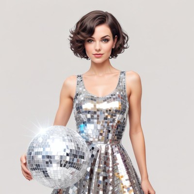 Stylish performer holds a disco ball in silver dress
