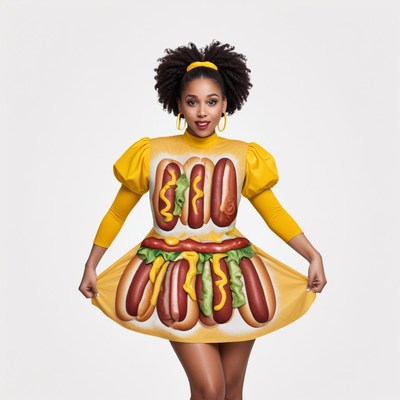 Fun hot dog dress worn by a woman with curly hair