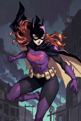 Batgirl leaps into action on a dark city night