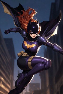 Batgirl leaps through the city at twilight