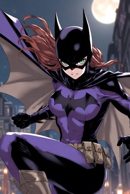 Superhero batgirl in action at night in the city