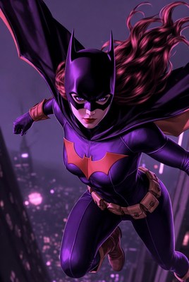 Batgirl soars above the city skyline at night