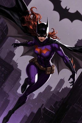 Batgirl soaring through a city skyline at night