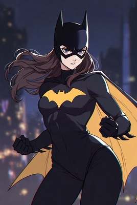 Batgirl prepares for action in a city at night