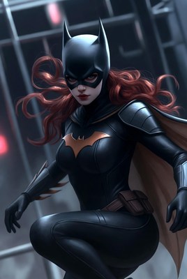 Batgirl prepares for action in a dark city setting