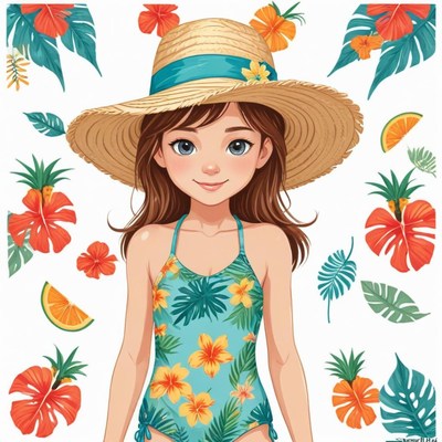Young girl in tropical swimwear with floral design