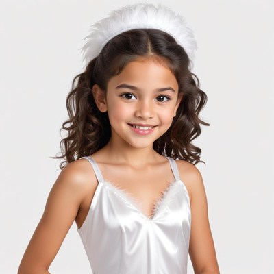 Girl in elegant white dress with feather headband