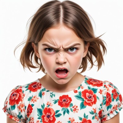 Angry girl with a floral dress shows strong emotion