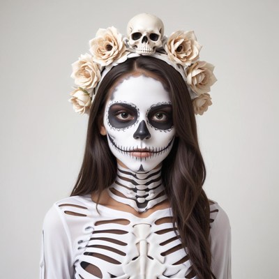 Woman in skeleton costume with floral headpiece poses