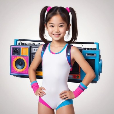 Young girl in dance outfit with retro boombox