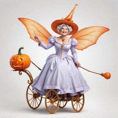 Enchanting fairy with butterfly wings and pumpkin