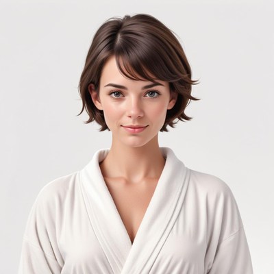 Woman in white robe with short hair posing calmly