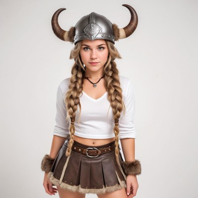 Female cosplayer dressed as a viking warrior in studio