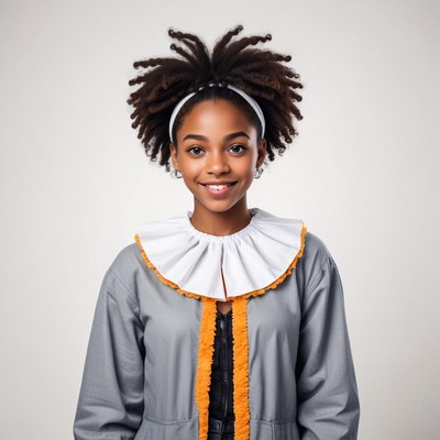 Young girl poses in stylish outfit with unique collar