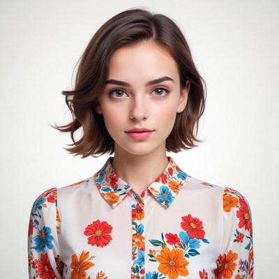 Young woman poses in a floral shirt with soft lighting