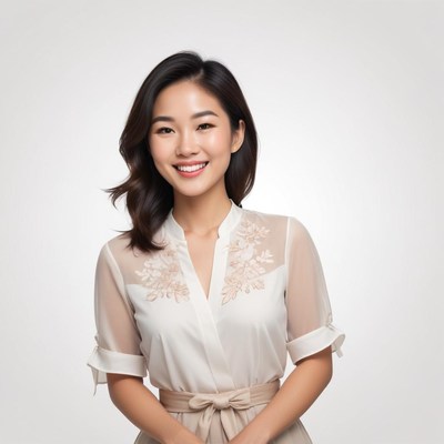 Smiling woman wearing a stylish blouse in soft lighting