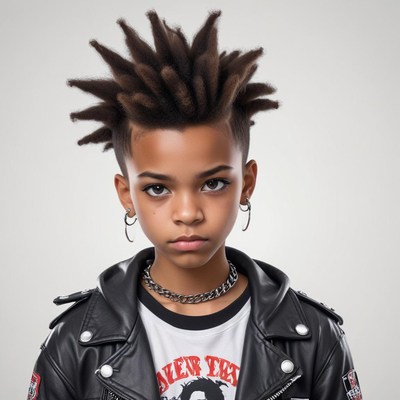 Young child with unique hairstyle in urban style outfit