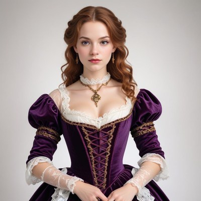Elegant woman in historical purple gown with lace details