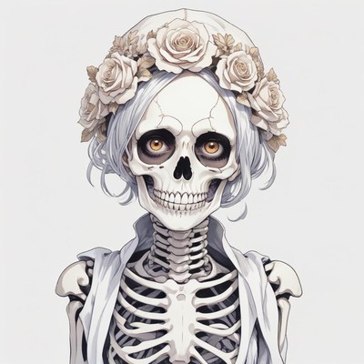 Skeleton with floral crown in a soft background