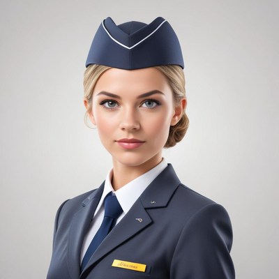 Flight attendant in uniform smiling at the viewer