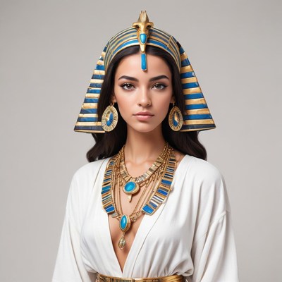 Ancient queen adorned in gold jewelry and regal headdress