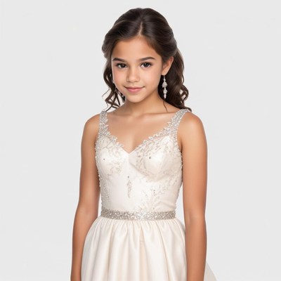 Young girl in elegant white dress with detailed design