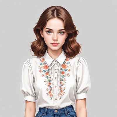 Woman in embroidered shirt poses on neutral background